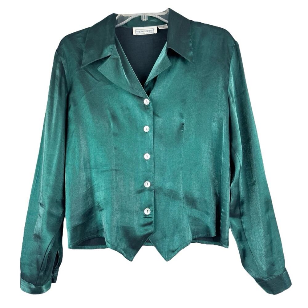 Vintage‎ 80s/90s Whimsigoth Retro Metallic Sheen Button Down Blouse Green Size S